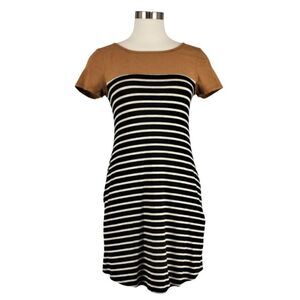 T-Shirt Dress Knee Length Short Sleeve Color Block Striped Black & Tan Sz Small
